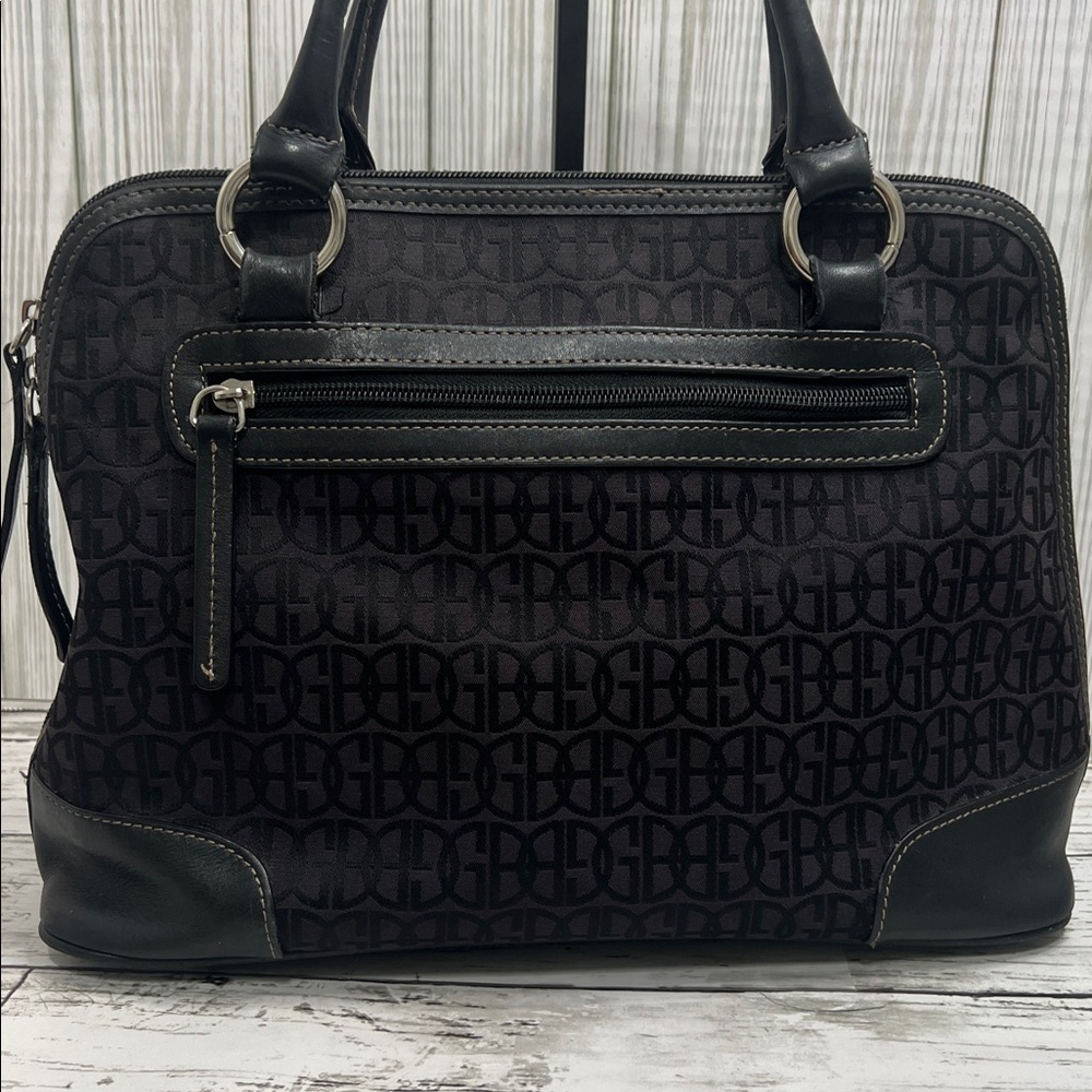 Gianni Bini Black Jacquard Logo Satchel Tote Handbag Leather Trim Structured Bag - Picture 7 of 10